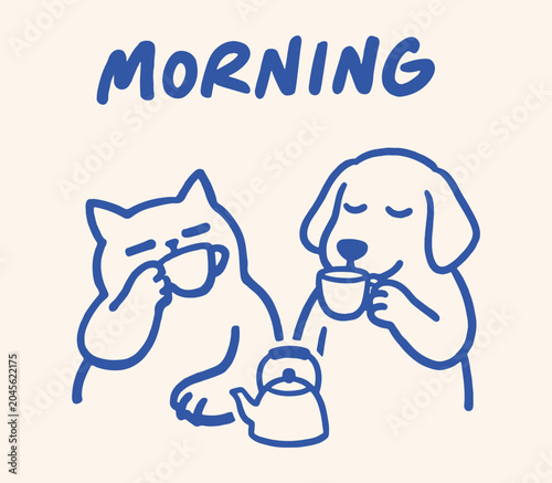 Fotografie Cat and dog having morning coffee Vector
