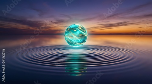 A glowing blue sphere creates ripples in calm water at sunset