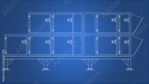 Konstfotografi AHU Air Handling - Blueprint technical drawing, Front, Side and Top view