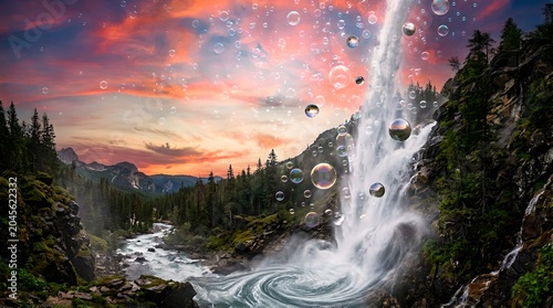 A serene waterfall cascades into a tranquil river surrounded by lush greenery and vibrant bubbles at sunset