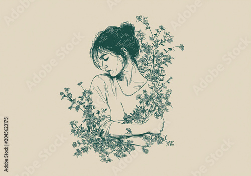 A green line art on a beige background showing a woman with closed eyes and arms crossed around some many flowers and their stems.