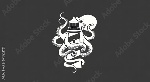 White lighthouse illustration entwined by a giant octopus kraken.