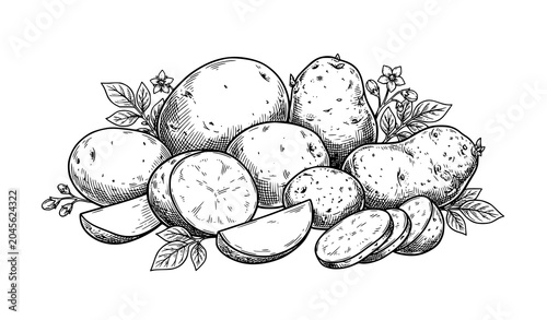 Potatoes Sketch Style Vector Illustration Black and White