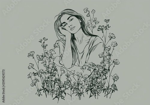 A green line art on a beige background showing a woman with closed eyes and arms crossed around some many flowers and their stems.