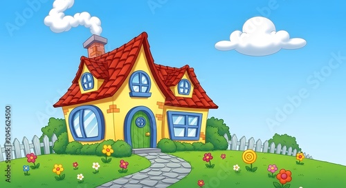 A charming yellow house with red roof and green door on a hill with flowers and a stone path.