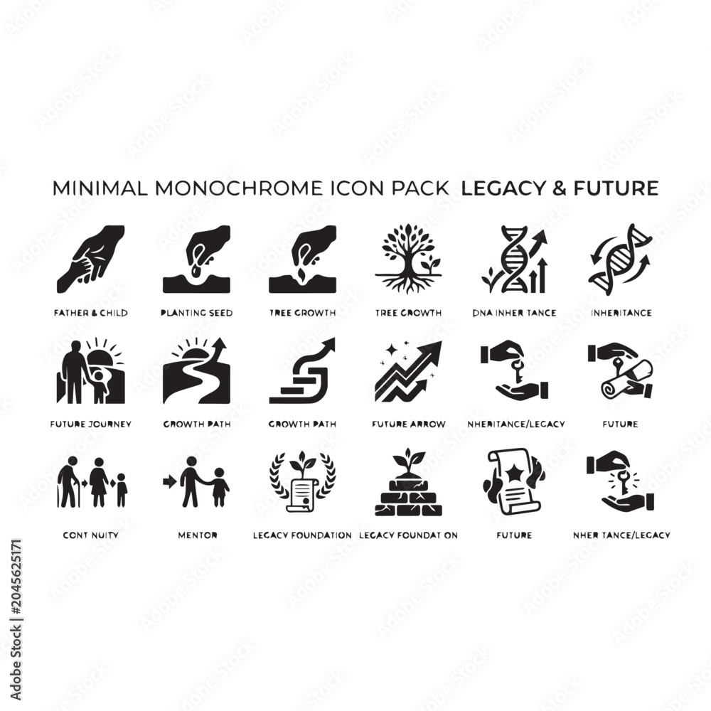 Fototapeta premium Title: Minimal legacy and future icon pack in line art Description: Collection of sixteen black and white outline icons illustrating concepts of growth, mentorship, work, and legacy such as planting s