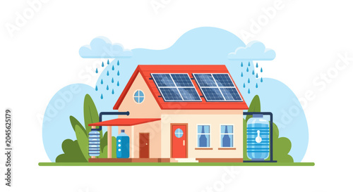 Bild auf Leinwand A house with solar panels collects rainwater into storage tanks