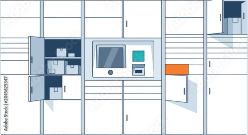 Quadro su tela Automated parcel locker system with open compartments and a central interface