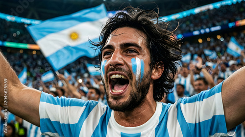 Excited argentina soccer fan cheering with face paint and national flag in a crowded stadium during a football match