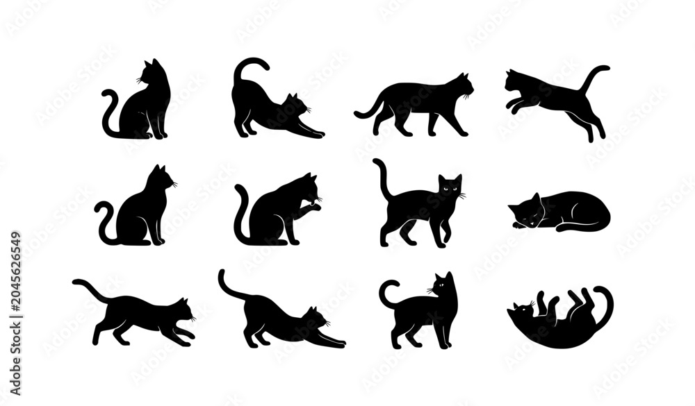 Fototapeta premium Elegant Black Cat Silhouette Vector Set with Graceful Feline Poses Collection