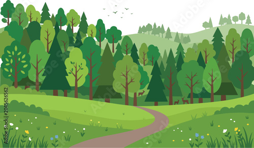 Flat vector illustration of a scenic woodland path in nature