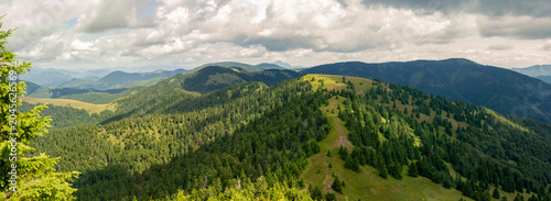 Tableau sur toile Lush rolling hills covered by dense evergreen forests beneath dramatic cloudscap