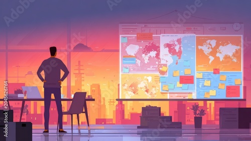 Contemplating the Future: Strategic Planning in a Vibrant Workspace at Dusk