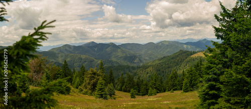 Φωτογραφία Mountain panorama with dense coniferous forest, rolling green hills, dramatic cl