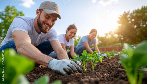 Neighbors helping each other in community garden, authentic connection