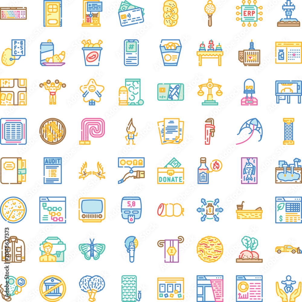 Fototapeta premium Large collection of diverse vector icons covering various themes including business, technology, communication, food, medicine, and everyday objects, presented in a clean outline style