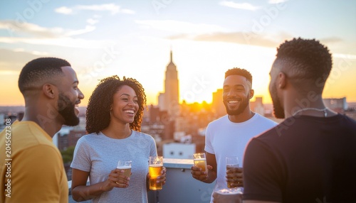 Young adults enjoying a rooftop gathering at sunset, authentic interactions