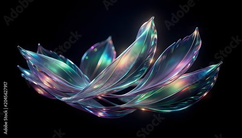 Abstract translucent iridescent glass flower petals 3D render on black background for luxury and elegance