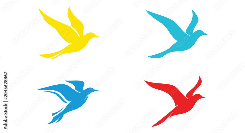 Obraz premium Minimalist bird silhouettes in flight are presented in vibrant colors including yellow, cyan, blue, and red on white.