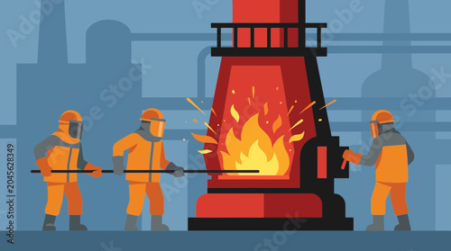 Bild auf Leinwand Workers in Protective Gear Operating Blast Furnace