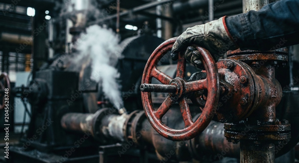 Fototapeta premium Worker adjusting valve as AI assistant in industrial setting