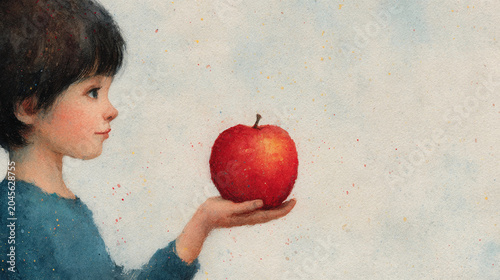 A child reaches out to touch a genetically modified apple, its skin shimmering