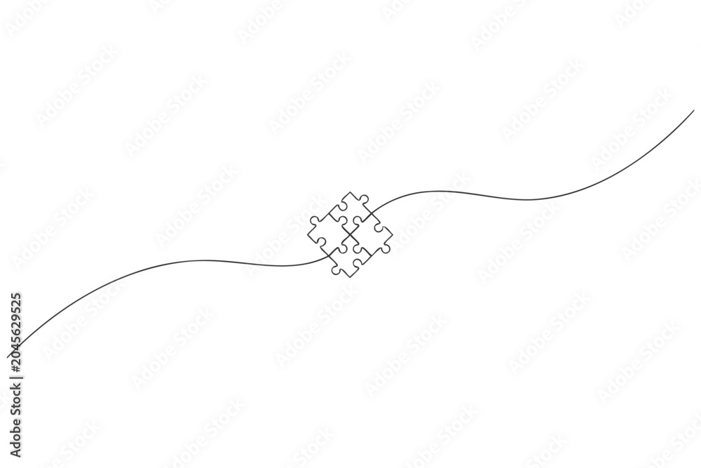 Fototapeta premium Continuous line drawing of two connected puzzle pieces with continuous minimalist connection strategy solution business interlocking creative abstract together illustration monoline