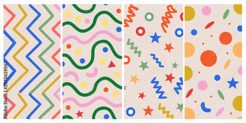 Obraz premium Geometric patterns with wavy lines circles and stars vector illustration