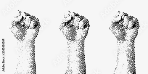 Three Raised Fists Black And White Dot Pattern Silhouette