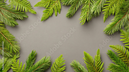 Festive frame of evergreen branches on neutral background.
