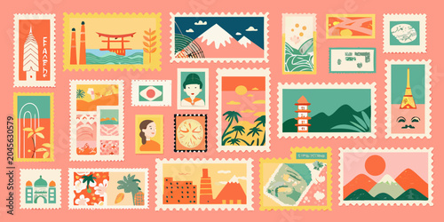 Collection Of Vintage Travel Stamps Vector Illustration With Scenic Motifs