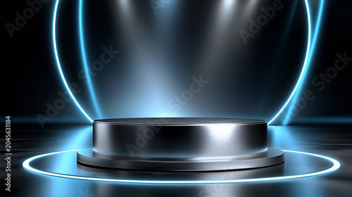 Futuristic neon podium stage with glowing circle and dark industrial background