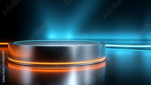 Futuristic neon podium stage with glowing circle and dark industrial background
