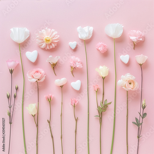 Valentine flat lay with pink roses and heart shapes on pastel background