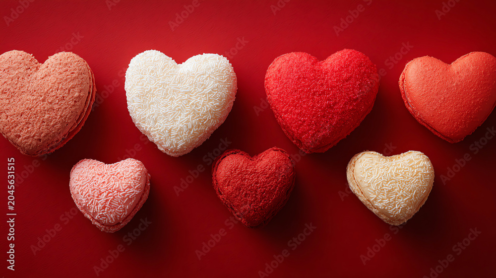 Obraz premium Sweet heart-shaped macaroons on red background. Valentine's Day celebration
