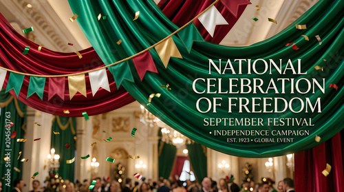 Celebration banner with festive garland in grand historic hall for national event