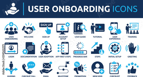 Canvastavla User onboarding solid vector icon collection, welcome, sign up, user guide, tutorial, UX, login and more