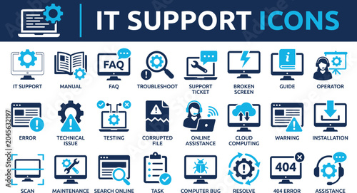 Φωτογραφία Collection of IT support and troubleshooting icons, including error alerts, maintenance, online assistance, installation, cloud computing, FAQ and more