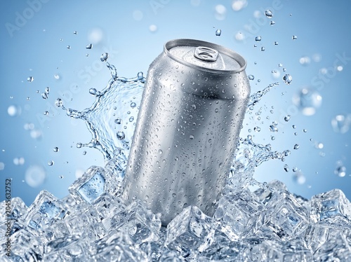 Foto Aluminum Beverage Can Splashing in Crystal Clear Water Refreshing Drink Concept