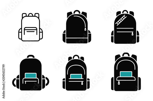 Backpack set vector icons including hiking rucksack school bag camping equipment traveler gear luggage carry on travel accessories collection illustration isolated graphics