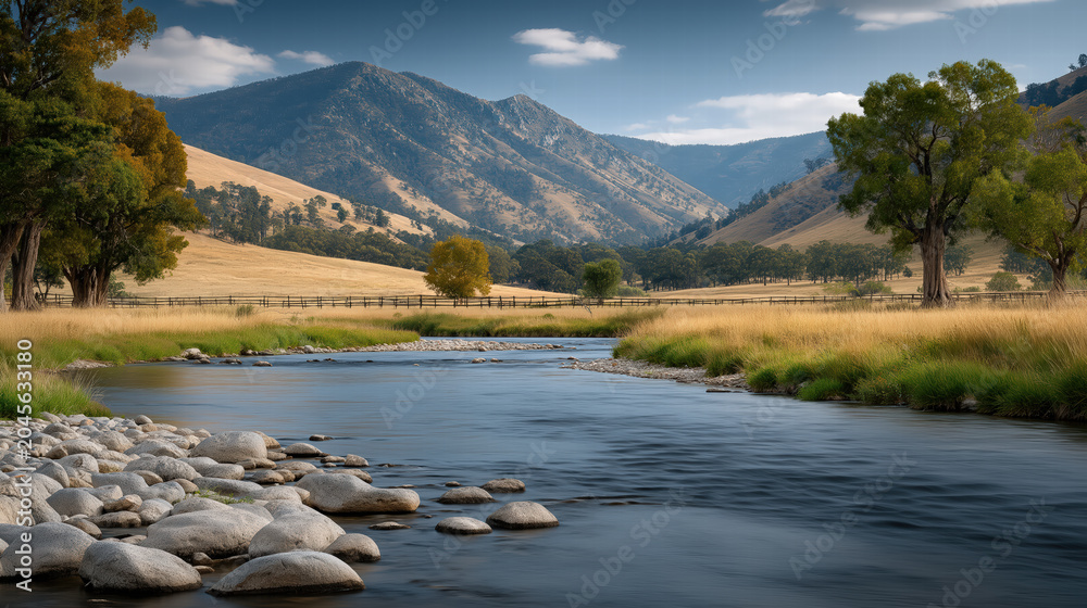 Fototapeta premium Peaceful countryside landscape with rolling hills, lush greenery, meadows and fields under soft natural light, serene and idyllic rural scene conveying calmness and harmony
