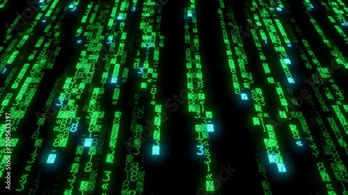 Sci-Fi Display of Code Cascading Downwards. Green Data Visualization Background. Seamless Loop.