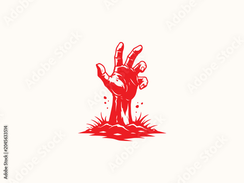 Red zombie hand rising from ground silhouette vector illustration