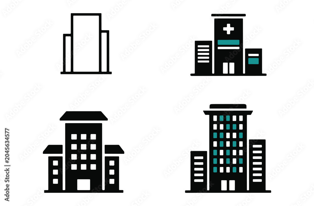 Obraz premium Set of stylized building icons representing modern architecture offices and high rise structures isolated on transparent background for urban development themes