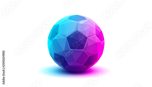 Futuristic low poly soccer ball with neon blue and pink lighting, geometric 3D football on white background, modern sports equipment illustration