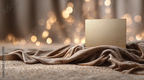 Elegant Golden Textured Card Displayed on Shimmering Fabric with Bokeh Lights