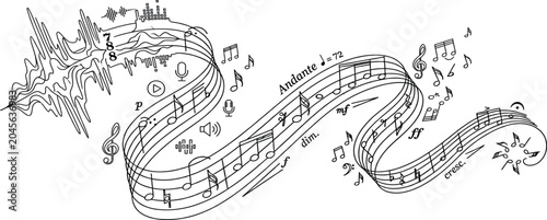 Foto Abstract Wavy Music Staff with Floating Notation Signs, Microphone Icons, and Au