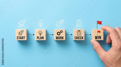Hand placing win block on wooden workflow steps with motivational words on blue background