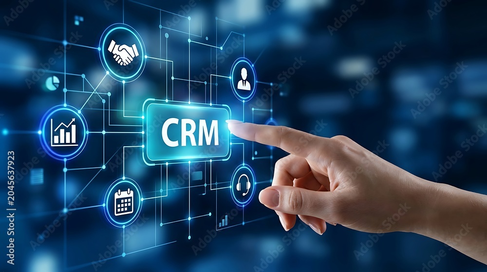 Fototapeta premium Hand pointing CRM button on digital interface