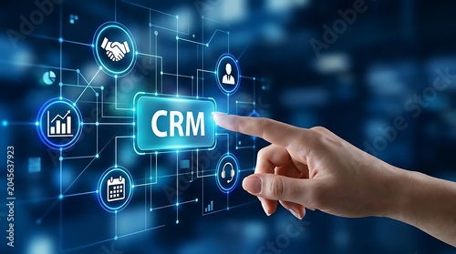 Hand pointing CRM button on digital interface